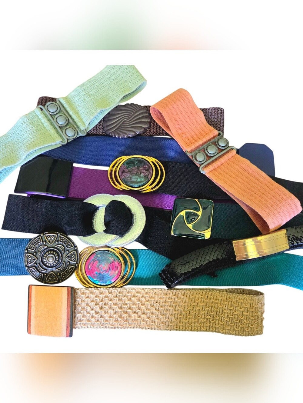 Vtg Women's Stretch Belt Bundle 12 Wide Waist Elastic Fashion Retro Buckle 1980s